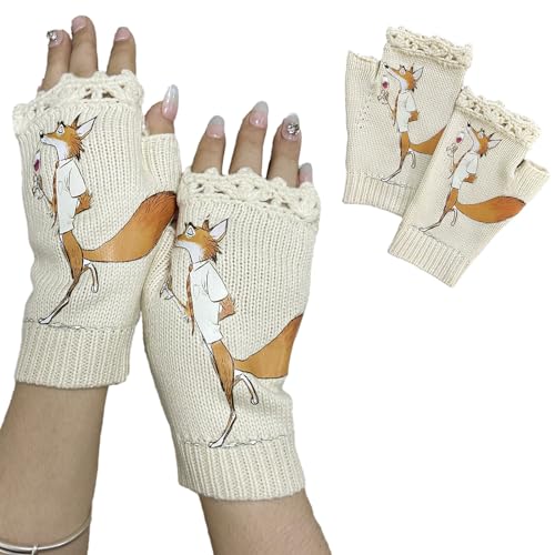 SHOOYIO Winter-Strickhandschuhe mit Cartoon-Trink-Füchsen, halbe Finger-Handschuhe, dick, Outdoor, Radfahren, Skifahren, hält warm von SHOOYIO