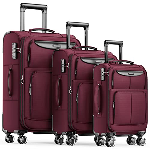 SHOWKOO Kofferset 3 Teilig Stoffkoffer Weichschale Erweiterbar Reisekoffer Leicht Haltbar Trolley Handgepäck Sets mit TSA Schloss und 4 Rollen (M L XL -Rot) von SHOWKOO
