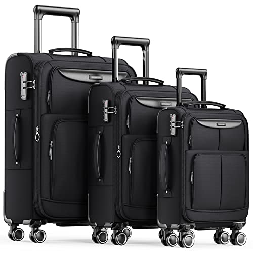 SHOWKOO Kofferset 3 Teilig Stoffkoffer Weichschale Reisekoffer Erweiterbar Leicht Haltbar Trolley Handgepäck Sets mit TSA Schloss und 4 Rollen (M L XL -Schwarz) von SHOWKOO