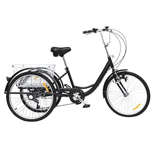SHOWLIVEU 24" 3-Räder Dreirad für Erwachsene 6 Gang Fahrrad Trike mit Licht & Einkaufskorb Bicycle Elektro Dreirad Fahrrad Ausgestattet mit Leuchten und Reflektoren (schwarz) von SHOWLIVEU