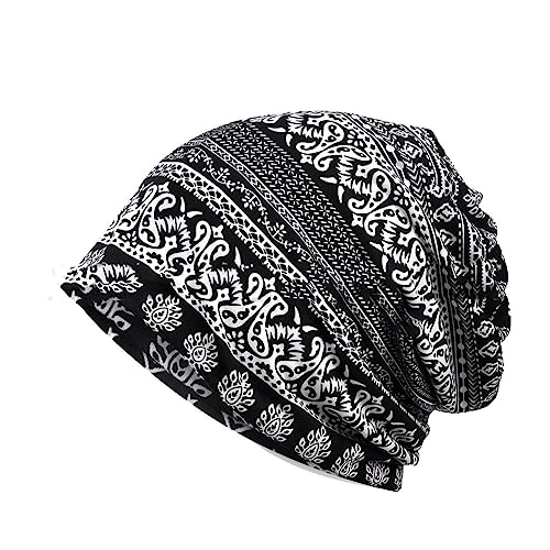 SHTGOI Damen Mütze Slouch Longbeanies Leichte Atmungsaktiv Kopftuch Blumenmotiv-Kopfbedeckung Mütze Chemo Schlafmütze mit Elasthan-Anteil Ethnic Turban Cap für Frauen und Mädchen Schwarz von SHTGOI