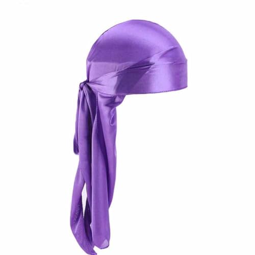 SHTGOI Seide Durag mit Long Tail Breite Träger Piratentuch Weich und Atmungsaktiv Silk Kopftuch 360 Grad Head Wrap Unisex Kopfbedeckung für Männer Frauen Reiten,Hip Hop,tägliche Deko Helles Lila von SHTGOI