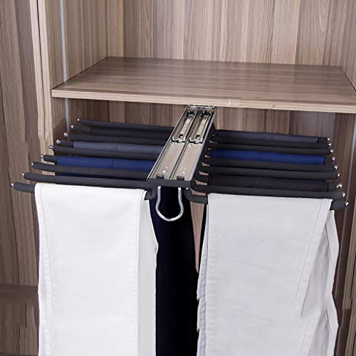 SIBEG 2-reihige ausziehbare Hosen-Schal-Aufbewahrungs-Hängeschiene, Kleiderschrank-Aufbewahrungsregal für 18 Hosen, weiße Beflockungs-Hängestange (Farbe: Schwarz) von SIBEG