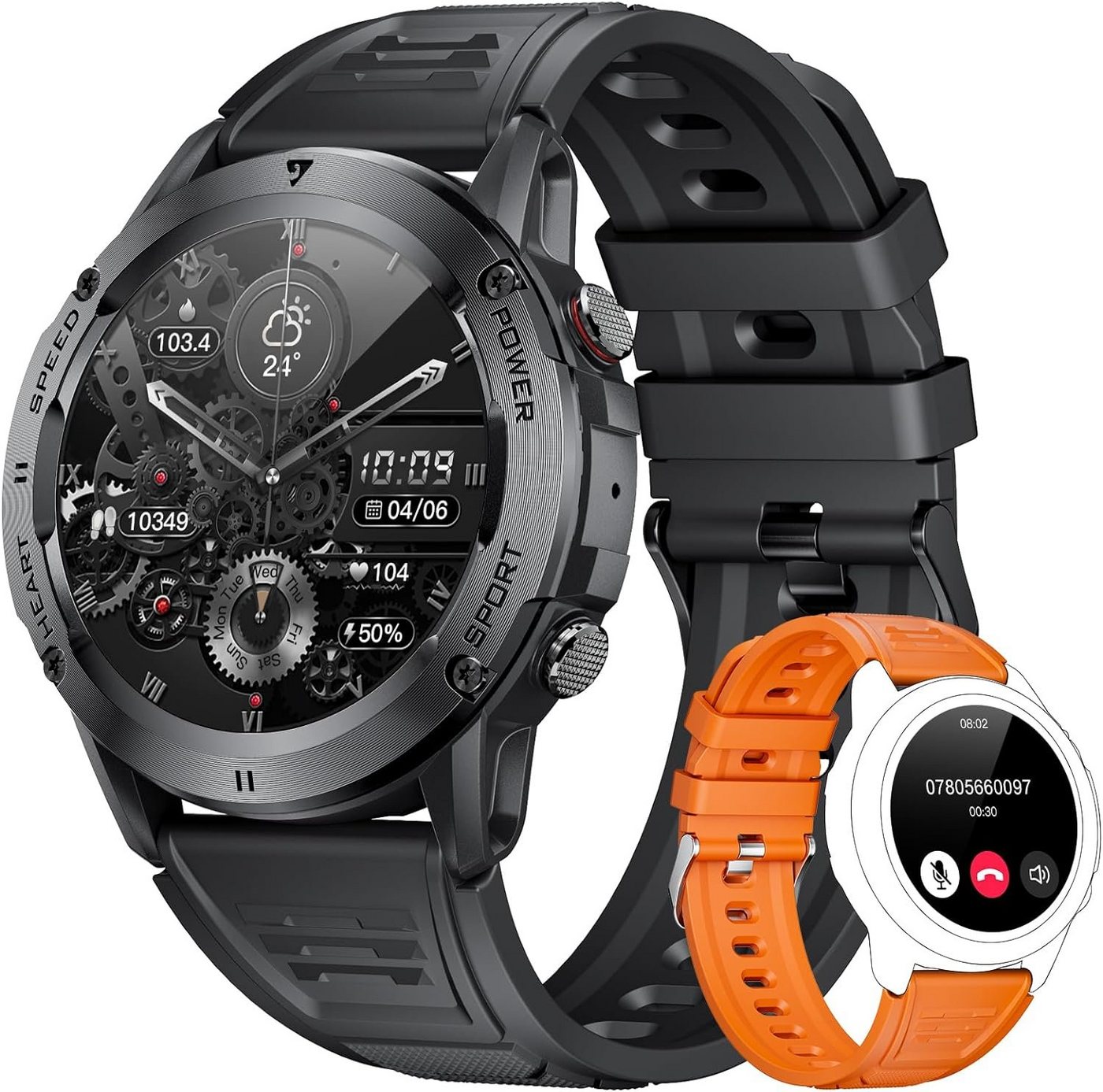 SIEMORL Herren mit Telefonfunktion, 400mAh Militärische Smartwatch (1,39 Zoll, Andriod iOS), mit Herzfrequenz Schlafüberwachung SpO2 100+Sportmodi IP68 Wasserdicht von SIEMORL