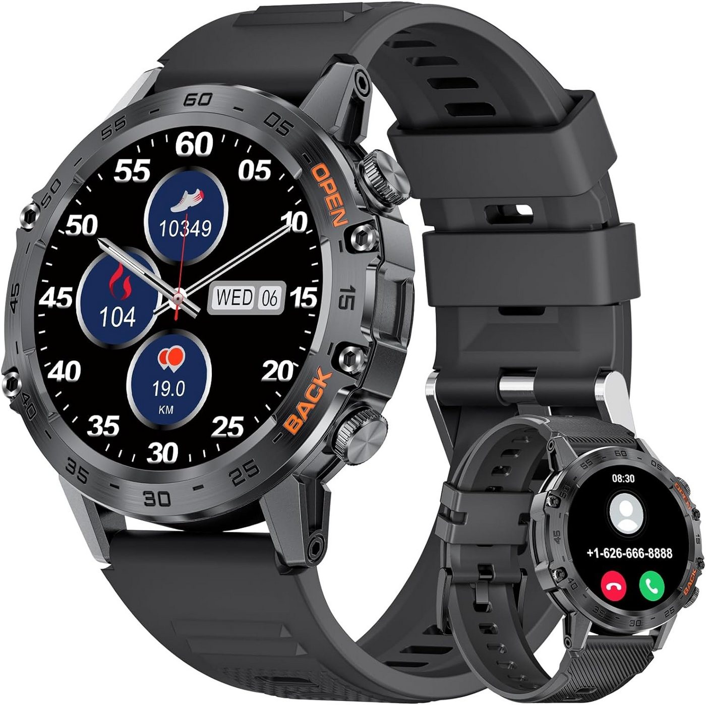 SIEMORL Smartwatch (1,39 Zoll, Android iOS), mit Telefonfunktion Militärische Fitness Tracker 100+Sportmodi 400mAh von SIEMORL