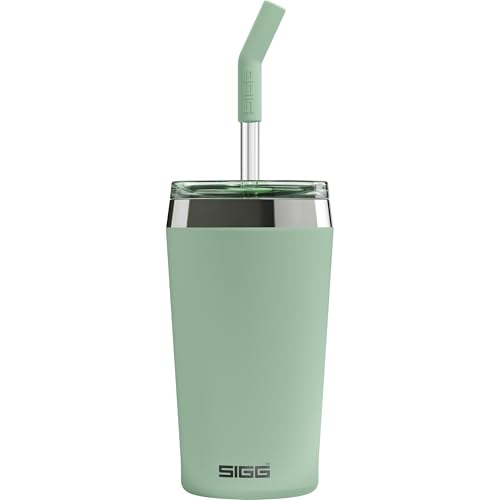 SIGG Helia Kaffeebecher to go (0.45 L), doppelwandig isolierter Thermobecher mit Glas-Strohhalm, auslaufsicherer Tumbler aus Edelstahl für heisse & kalte Getränke, Milky Green von SIGG