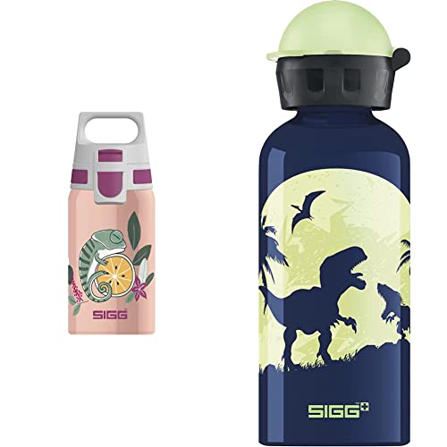SIGG Shield One Flora Kinder Trinkflasche (0.5 L), Edelstahl Kinderflasche mit auslaufsicherem Deckel, Pink & Glow Moon Dinos Kinder Trinkflasche (0.4 L), schadstofffreie Kinderflasche von SIGG