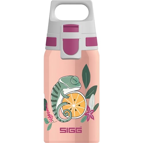 SIGG - Edelstahl Trinkflasche Kinder - Shield One Flora - Für Kohlensäurehaltige Getränke Geeignet - Auslaufsicher - Federleicht - BPA-frei - Rosa Mit Chamäleon-Aufdruck - 0,5L von SIGG