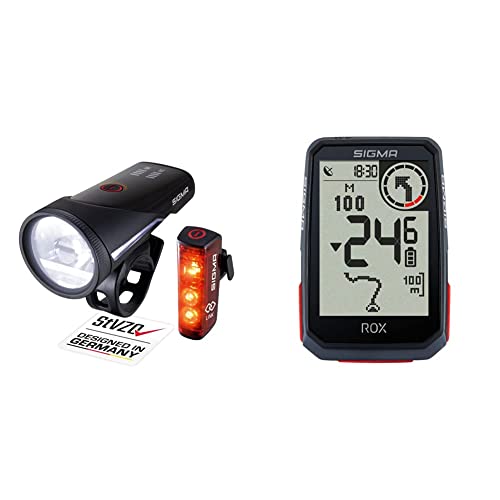SIGMA SPORT - Aura 100 / Blaze LINK Set | Fahrradbeleuchtung vorne und hinten & ROX 4.0 Black | Fahrradcomputer kabellos GPS & Navigation inkl. GPS Halterung | Outdoor GPS Navigation mit Höhenmessung von SIGMA SPORT