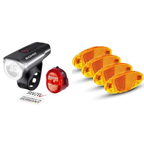 SIGMA SPORT - LED Fahrradlicht Set Aura 60 und Nugget II & BÜCHEL Speichen Katzenaugen - [4er Set] StVZO zugelassen & bruchsicher I Fahrrad Reflektoren, Speichenreflektoren von SIGMA SPORT