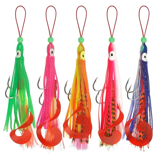 Salzwasser-Tintenfisch-Angelköder-Set, 5 & 10 Stück, leuchtende, weiche Tintenfische, Jigg-Köder mit doppeltem Haken, Tintenfischröcke für Salzwasser, Ozeanangeln von SILANON