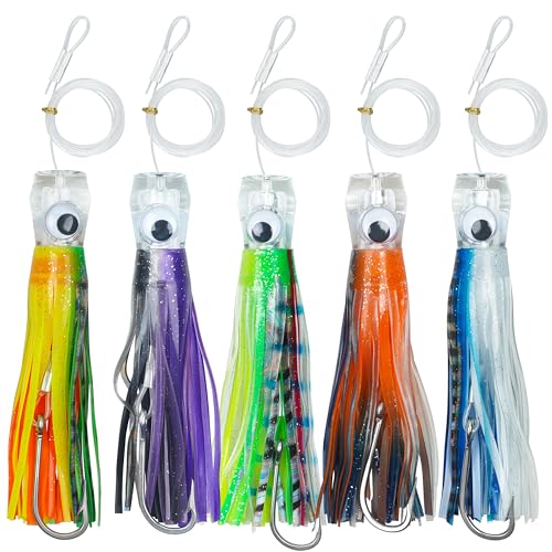 Trolling Lures Salzwasser, 15,2 cm, Offshore Big Game Trolling Köder Skirted Tiefsee-Angelköder Set für Mahi Thunfisch Marlin Wahoo Rigged mit Vorfach Tintenfisch Röcke Haken von SILANON