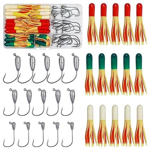Tube Bait Tube Jig Heads Kit, 60pcs Crappie Tube Lures Jigs Hooks Set Soft Plastic Worm Baits Crappie Tube Jigs Fishing Lures Tackle for Panfish Barsch Forelle Süßwasser Angeln von SILANON