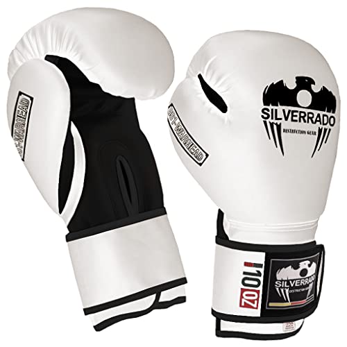 SILVER RADO® Boxhandschuhe für professionelles Kampfsporttraining Muay Thai Kickboxen MMA Sparring Schlagen Boxhandschuhe aus Leder für Männer und Frauen 8 10 12 14 16 oz (Weiß, 8oz) von SILVER RADO