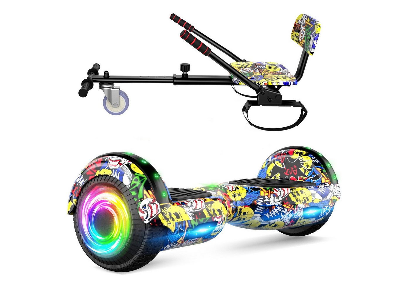 SISIGAD Balance Scooter Kart HY-A02 6,5 Zoll Dualmotorräder, Hoverboard mit kart,LED, Bluetooth, 10 km/h, Hoverboards mit Sitz&LED-Licht und Bluetooth von SISIGAD