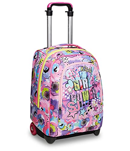 Rucksack mit Trolleyfunktion, 2 in 1, Schulranzen mit Rollen, ab 1. Klasse, für Schule, Gymnasium, Reisen&Freizeit, Mädchen&Jungen, mehrfarbig, Girl Power von SJ GANG STYLE JAM GANG