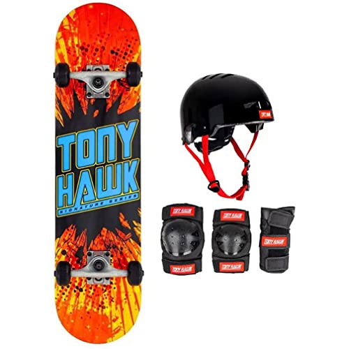 Tony Hawk Komplett-Skateboard Outrun 7,75 Zoll Einstiegsniveau, professionelle Anfängerserie & Schutz-Set Tony Hawk (Schutz-Set S/M, Skate Shatter HAWK 7,75 Zoll) von SKATES