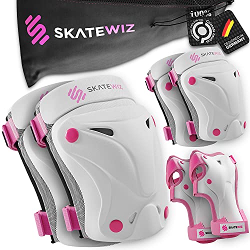 SKATEWIZ Schoner Inliner Kinder Skate - Knieschützer Kinder Schoner Set - Armschoner Inline Protektoren Kinder - Skateboard Knieschoner Kinder - Protect-1 Pink White Größe S von SKATEWIZ