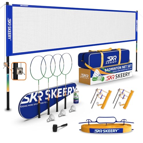 SKEERY Professionelles Badminton-Set mit Seilwinde-System, tragbares Badmintonnetz inklusive Badmintonschläger aus Carbon-Aluminium, Set mit 4, 3 Federbällen und Tragetasche, Badminton-Sets für von SKEERY