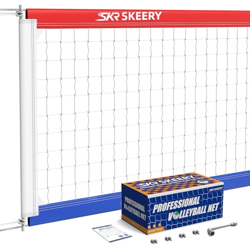 SKEERY Professionelles Volleyballnetz, offizielle Größe, 91 x 90 cm, ausgestattet mit doppelten Stahlkabeln mit 90 cm doppelseitigen Stangen, tragbares Volleyballnetz für Hinterhof, Schule, Plätze von SKEERY