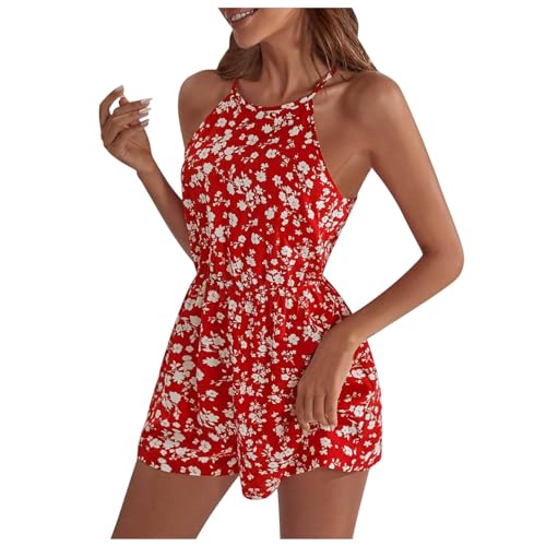 Jumpsuit Damen Sommer Kurz Elegantes Outfit Komplett Set Sport Curvy Kurzer Women's Trouser Suits Festlich Elegant Rot, S von SKFLABOOF