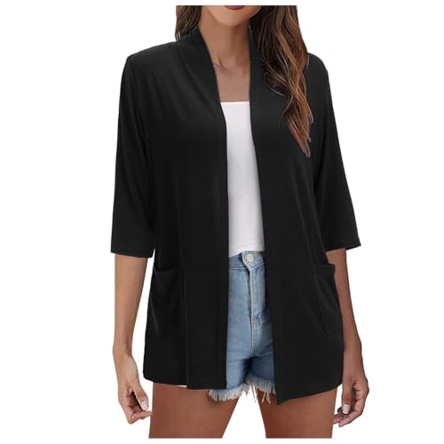 Cardigan Damen Sommer Leichte Strickjacke Hemdjacke Große Größen Shirtjacke Frühlingsjacke Dünne Jacke Sommermantel Leicht Oberteil Elegant Casual Sweatjacke Lang Oversize Sommerkleidung Schwarz XL von SKFLABOOF