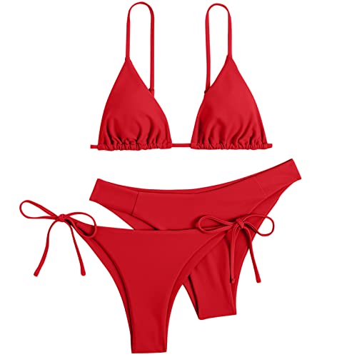 Damen 3 Packe Bikini Sets | Badebode 3-Teiliger Swimwear Bikini Set Badehose Damen Mehrfarbig Tankini Einfarbig Bikini Badeanzug (001d Rot, L) F von SKFLABOOF