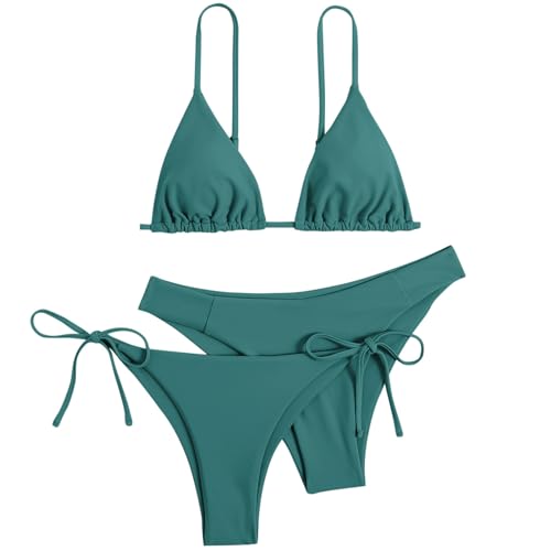 Damen 3 Packe Bikini Sets | Badebode 3-Teiliger Swimwear Bikini Set Badehose Damen Mehrfarbig Tankini Einfarbig Bikini Badeanzug (001f Grün, XS) von SKFLABOOF