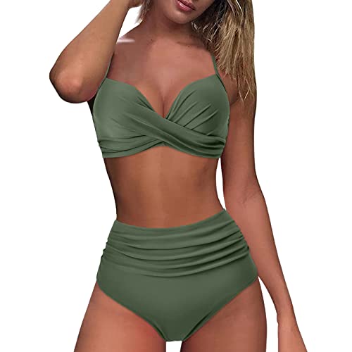 Damen Bikini Set | Gestreifte Bademode Zweiteiliger Badeanzug Wickeloptik Lace Up Bauchweg Push Up Swimsuit High Waist Triangel Bikini-Sets (001a AG, XL) F von SKFLABOOF