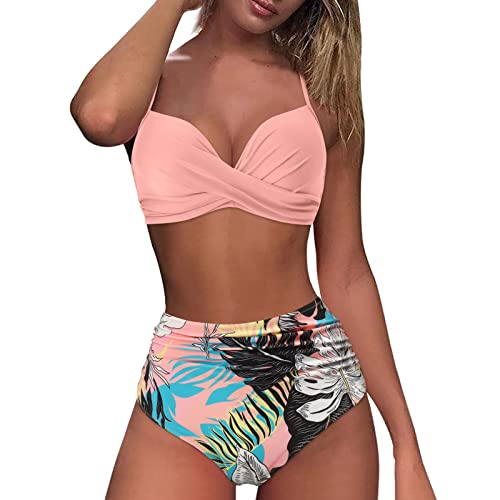Damen Bikini Set | Gestreifte Bademode Zweiteiliger Badeanzug Wickeloptik Lace Up Bauchweg Push Up Swimsuit High Waist Triangel Bikini-Sets (001j Pink, L) F von SKFLABOOF