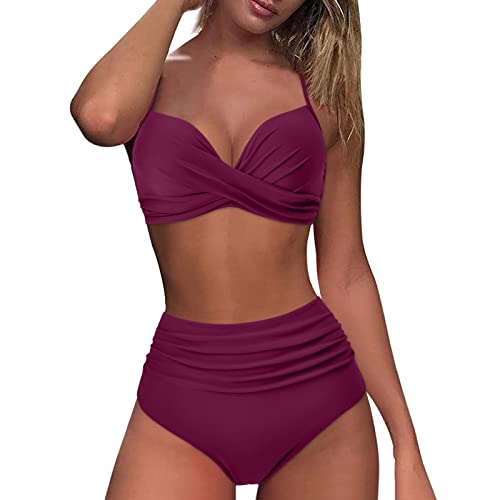 Damen Bikini Set | Gestreifte Bademode Zweiteiliger Badeanzug Wickeloptik Lace Up Bauchweg Push Up Swimsuit High Waist Triangel Bikini-Sets (001k Wine, S) von SKFLABOOF