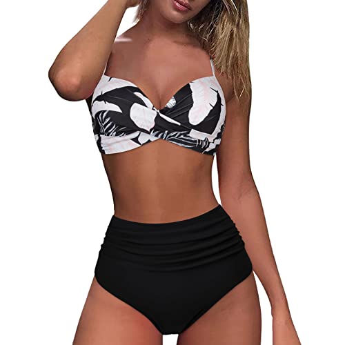Damen Bikini Set | Gestreifte Bademode Zweiteiliger Badeanzug Wickeloptik Lace Up Bauchweg Push Up Swimsuit High Waist Triangel Bikini-Sets (001l White, L) F von SKFLABOOF
