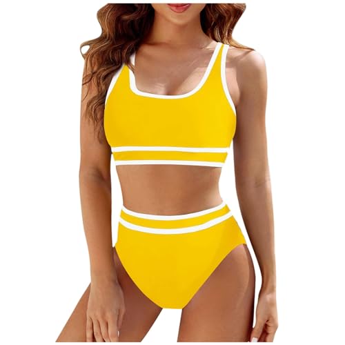 Damen Bikini Set | Gestreifte Bademode Zweiteiliger Badeanzug Wickeloptik Lace Up Bauchweg Push Up Swimsuit High Waist Triangel Bikini-Sets (003n Yellow, S) F von SKFLABOOF