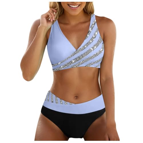 Damen Bikini Set | Push Up Triangel Badeanzug Strand Ties Zweiteiliger Bademode Bauchweg High Waist Triangel Bikini-Sets (004d Light Blue, M) von SKFLABOOF