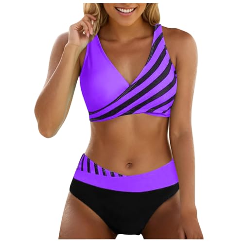 Damen Bikini Set | Push Up Triangel Badeanzug Strand Ties Zweiteiliger Bademode Bauchweg High Waist Triangel Bikini-Sets (006c Purple, XL) F von SKFLABOOF