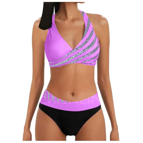 Damen Bikini Set | Sexy Push Up Badeanzug Zweiteilige Bademode Swimsuit Bauchweg High Waist Triangel Bikini-Sets (001c Purple, L) F von SKFLABOOF