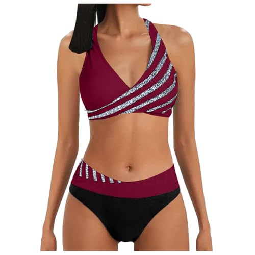Damen Bikini Set | Sexy Push Up Badeanzug Zweiteilige Bademode Swimsuit Bauchweg High Waist Triangel Bikini-Sets (001d Wine, M) F von SKFLABOOF