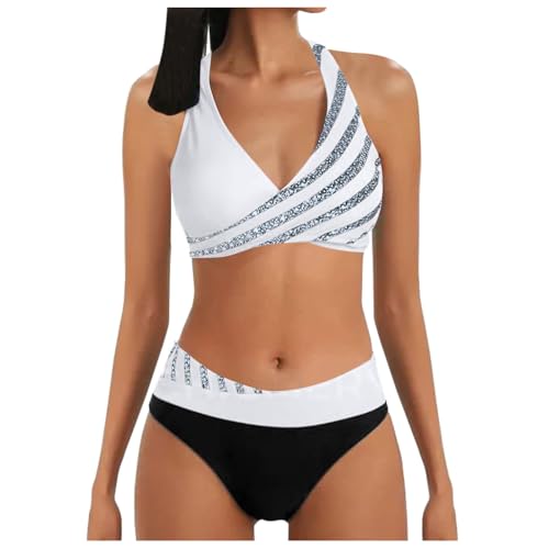 Damen Bikini Set | Sexy Push Up Badeanzug Zweiteilige Bademode Swimsuit Bauchweg High Waist Triangel Bikini-Sets (001e White, S) von SKFLABOOF