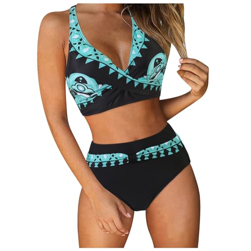 Damen Bikini Set | Wickeloptik Lace Up Bikini Bademode V Ausschnitt Zweiteiliger Badeanzug Bauchweg Push Up Swimsuit High Waist Triangel Bikini-Sets (001e Dark Blue, 3XL) von SKFLABOOF