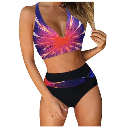 Damen Bikini Set | Wickeloptik Lace Up Bikini Bademode V Ausschnitt Zweiteiliger Badeanzug Bauchweg Push Up Swimsuit High Waist Triangel Bikini-Sets (001f Hot Pink, XL) F von SKFLABOOF