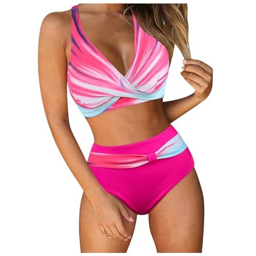 Damen Bikini Set | Wickeloptik Lace Up Bikini Bademode V Ausschnitt Zweiteiliger Badeanzug Bauchweg Push Up Swimsuit High Waist Triangel Bikini-Sets (002c Hot Pink, L) von SKFLABOOF