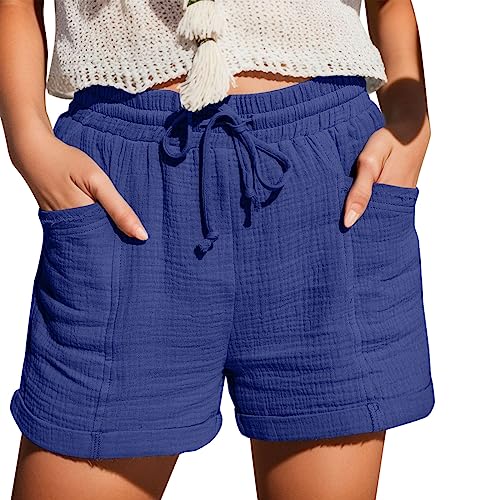 Damen Casual Musselin Shorts High Waisted 2024 Fashion Strand Kurze Hose Cute Comfy Sommerhose Damen Leicht with 2 Pockets S-5Xl Blau 3XL von SKFLABOOF