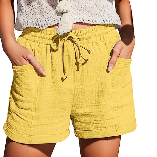 Damen Casual Musselin Shorts High Waisted 2024 Fashion Strand Kurze Hose Cute Comfy Sommerhose Damen Leicht with 2 Pockets S-5Xl Gelb 3XL von SKFLABOOF