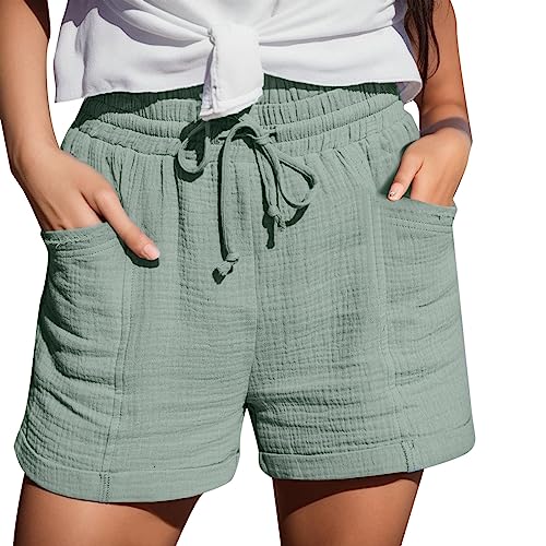 Damen Casual Musselin Shorts High Waisted 2024 Fashion Strand Kurze Hose Cute Comfy Sommerhose Damen Leicht with 2 Pockets S-5Xl Grün 3XL von SKFLABOOF