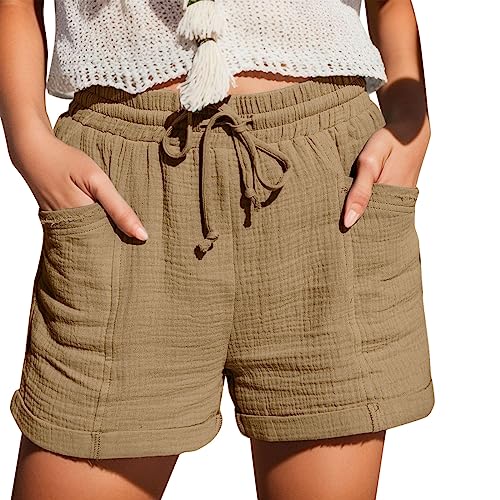 Damen Casual Musselin Shorts High Waisted 2024 Fashion Strand Kurze Hose Cute Comfy Sommerhose Damen Leicht with 2 Pockets S-5Xl Khaki L von SKFLABOOF