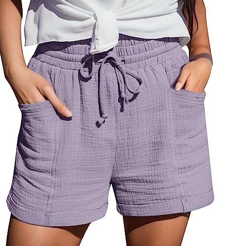 Damen Casual Musselin Shorts High Waisted 2024 Fashion Strand Kurze Hose Cute Comfy Sommerhose Damen Leicht with 2 Pockets S-5Xl Lila L von SKFLABOOF