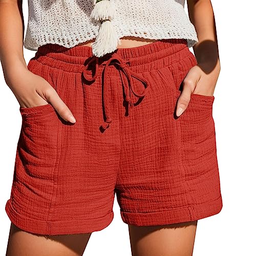 Damen Casual Musselin Shorts High Waisted 2024 Fashion Strand Kurze Hose Cute Comfy Sommerhose Damen Leicht with 2 Pockets S-5Xl Rot XL von SKFLABOOF