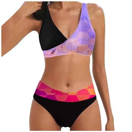 Damen Cross Back Badeanzüge | Push Up Bademode Bikini Sets Bauchweg High Waist Triangel Bikini-Sets (004f Purple, XXL) von SKFLABOOF