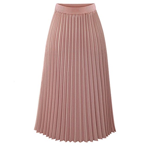 Damen Rock Lang, Plissee Rock Damen Lang Maxirock Chiffon Faltenrock Einfarbig Sommerrock Elastische Plisseerock Rosa S von SKFLABOOF