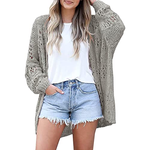 Damen Strickjacke | Leichte Sommer Bolero Jacke Strickpullover 1 Vorne Offen Strickjacken Elegant Strick Crop Cardigan Kurze (Grau, M) von SKFLABOOF